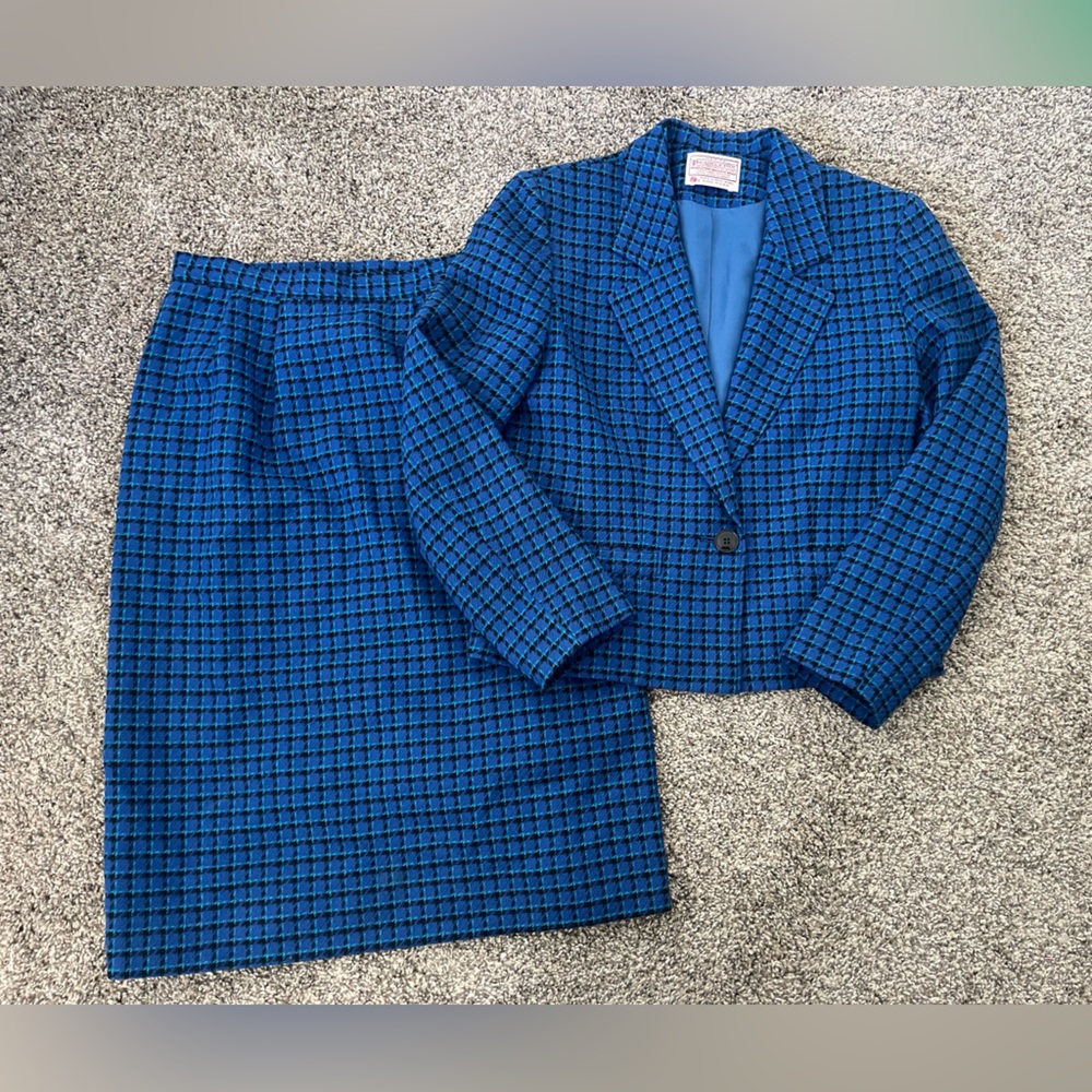 Vintage Pendleton Houndstooth Virgin Wool Skirt Blazer Jacket Suit Set Sz 4P